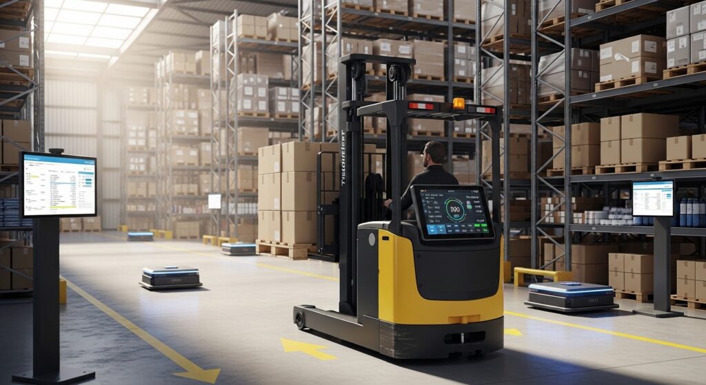 Empilhadeira elétrica movimentando pallets em armazém moderno com robôs e painéis digitais