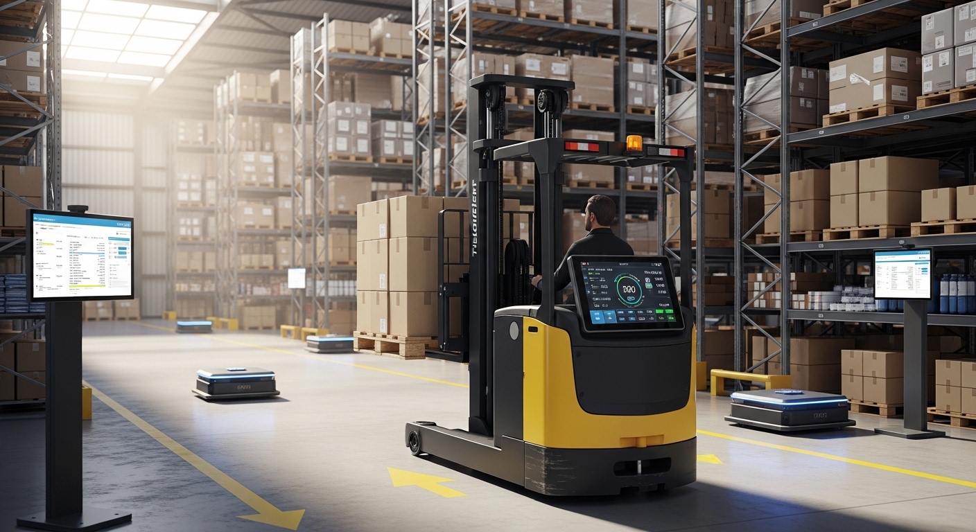 Empilhadeira elétrica movimentando pallets em armazém moderno com robôs e painéis digitais