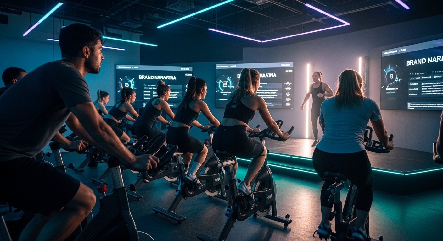 Aula de spinning imersiva com ciclistas em estúdio moderno e telas de dados em tempo real