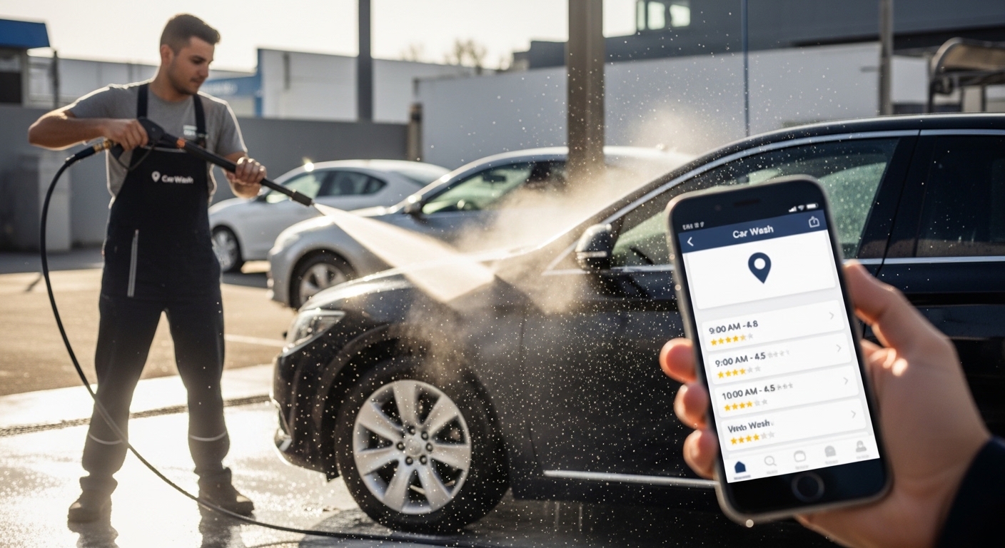 Pessoa segurando smartphone com app de agendamento e avaliações em lava jato local