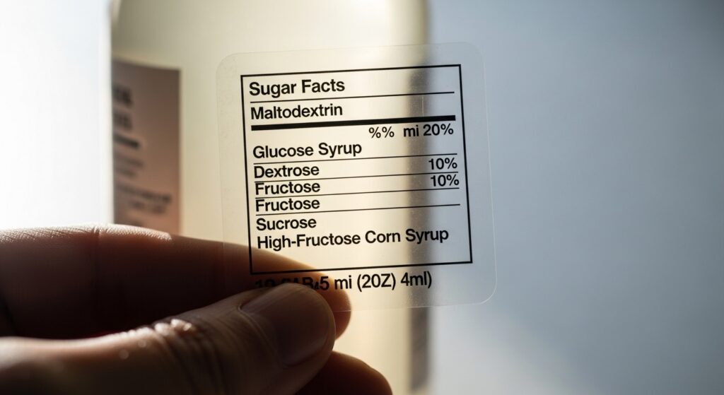 Mão segurando rótulo transparente destacando ingredientes de açúcar