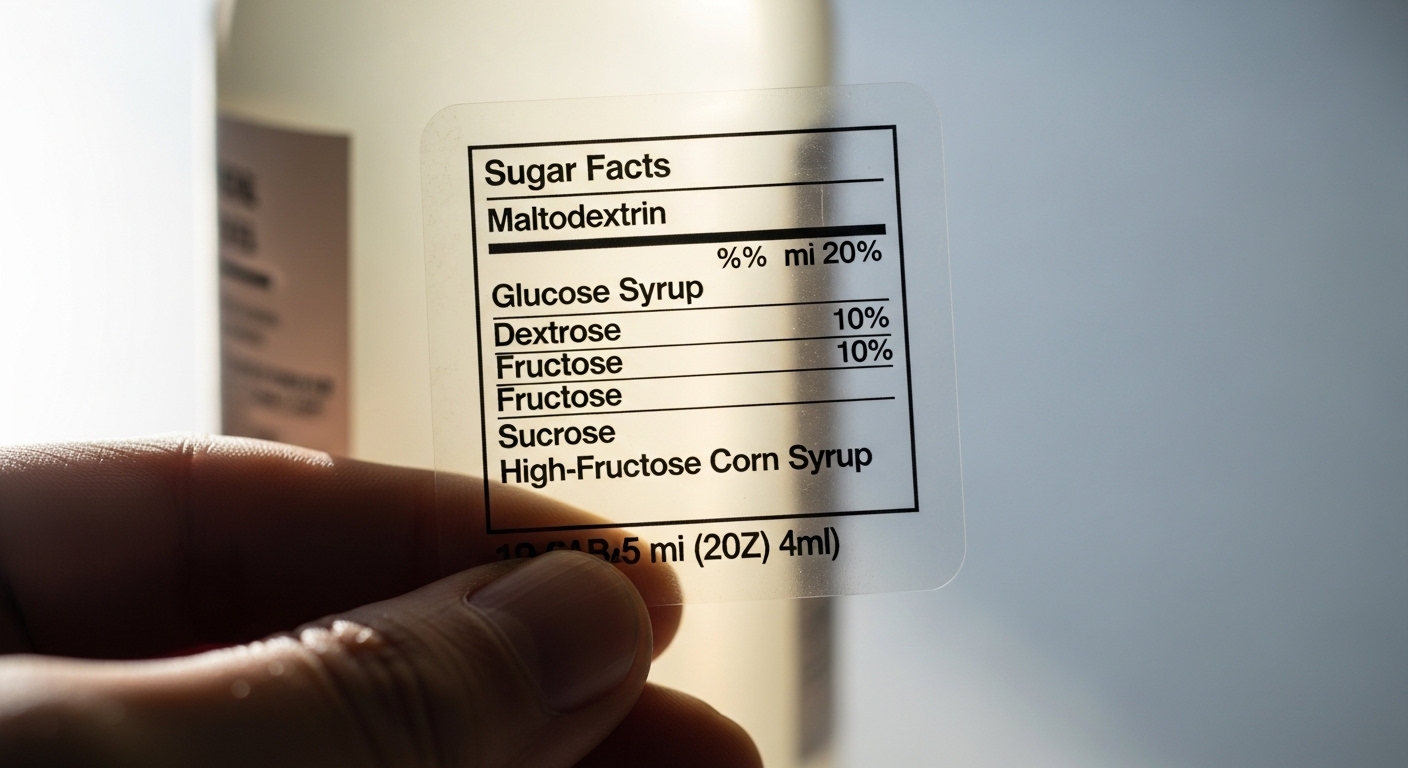 Mão segurando rótulo transparente destacando ingredientes de açúcar