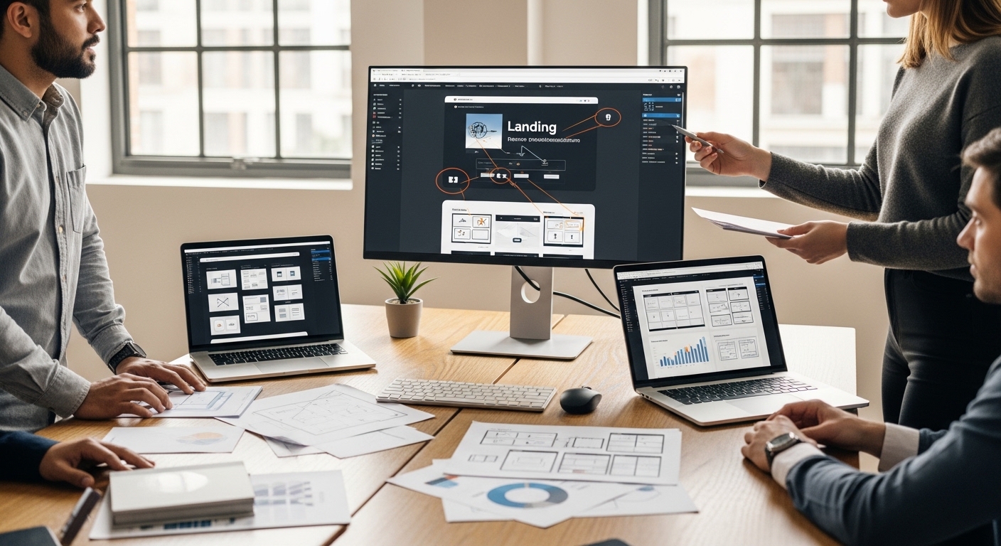 Equipe de design UX/UI colaborando em protótipo de landing page com métricas