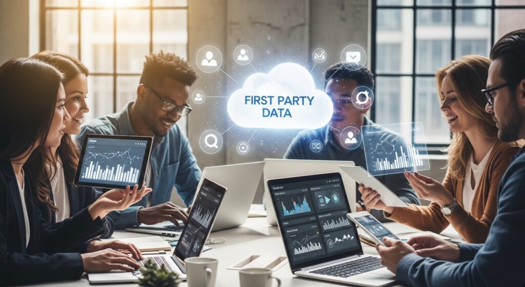 Equipe de marketing colaborando em mesa com telas de dados e criadores de conteúdo