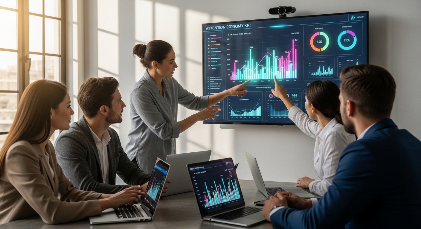 Equipe de marketing em reunião analisando métricas de atenção em escritório moderno