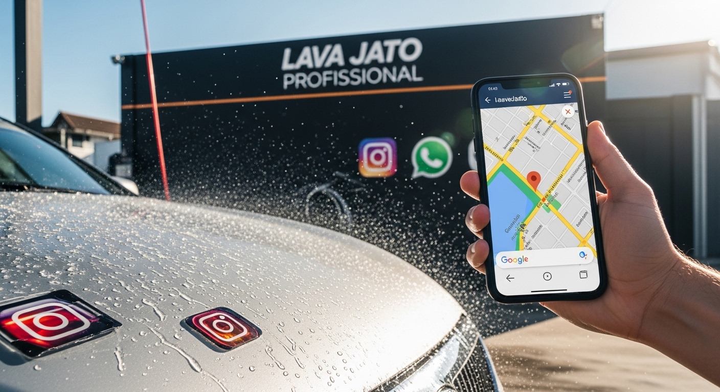 Carro sendo lavado profissionalmente com smartphone exibindo mapa e ícones de redes