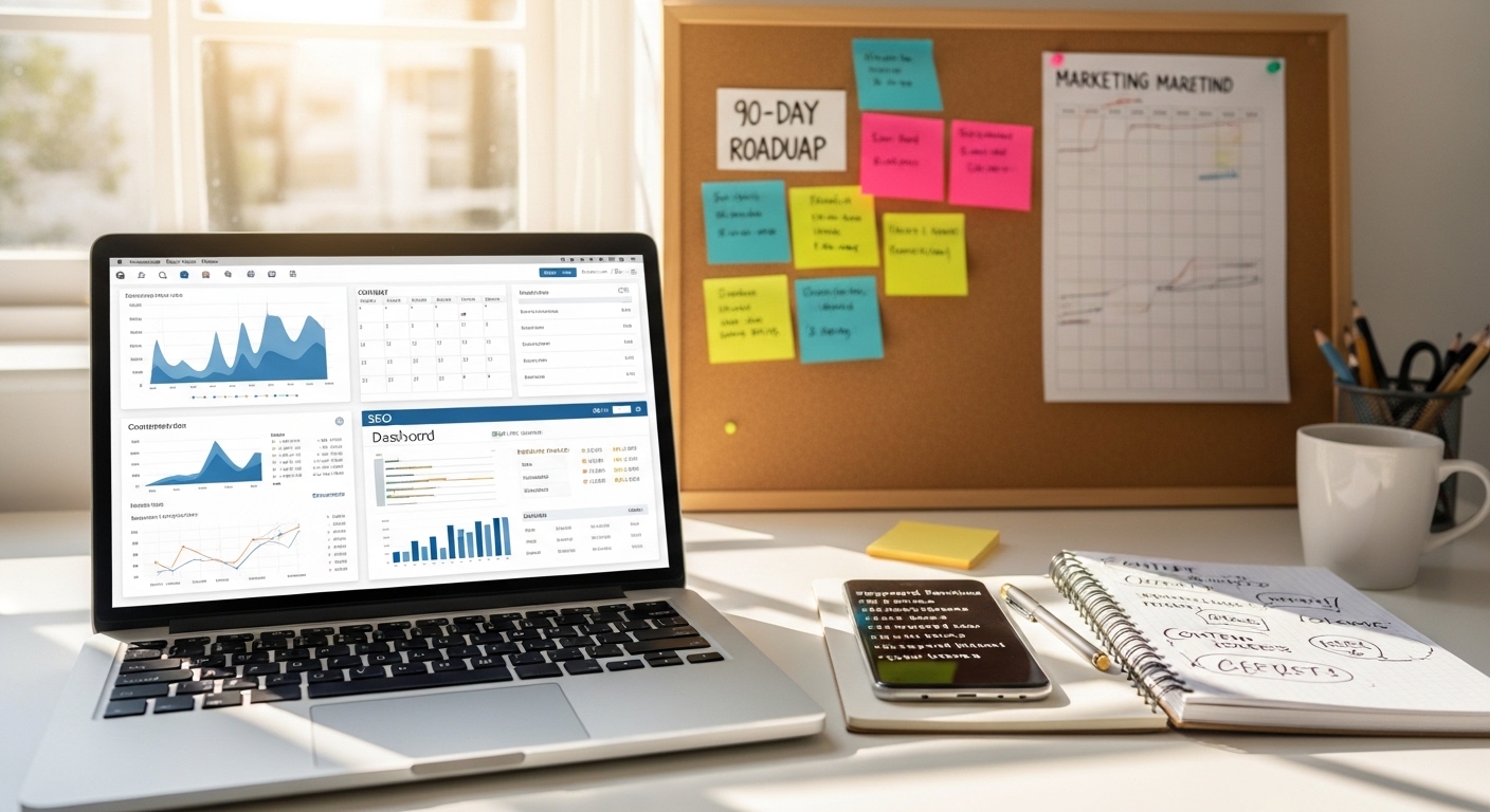 Espaço de trabalho de marketing digital com calendário de conteúdo e gráficos de desempenho