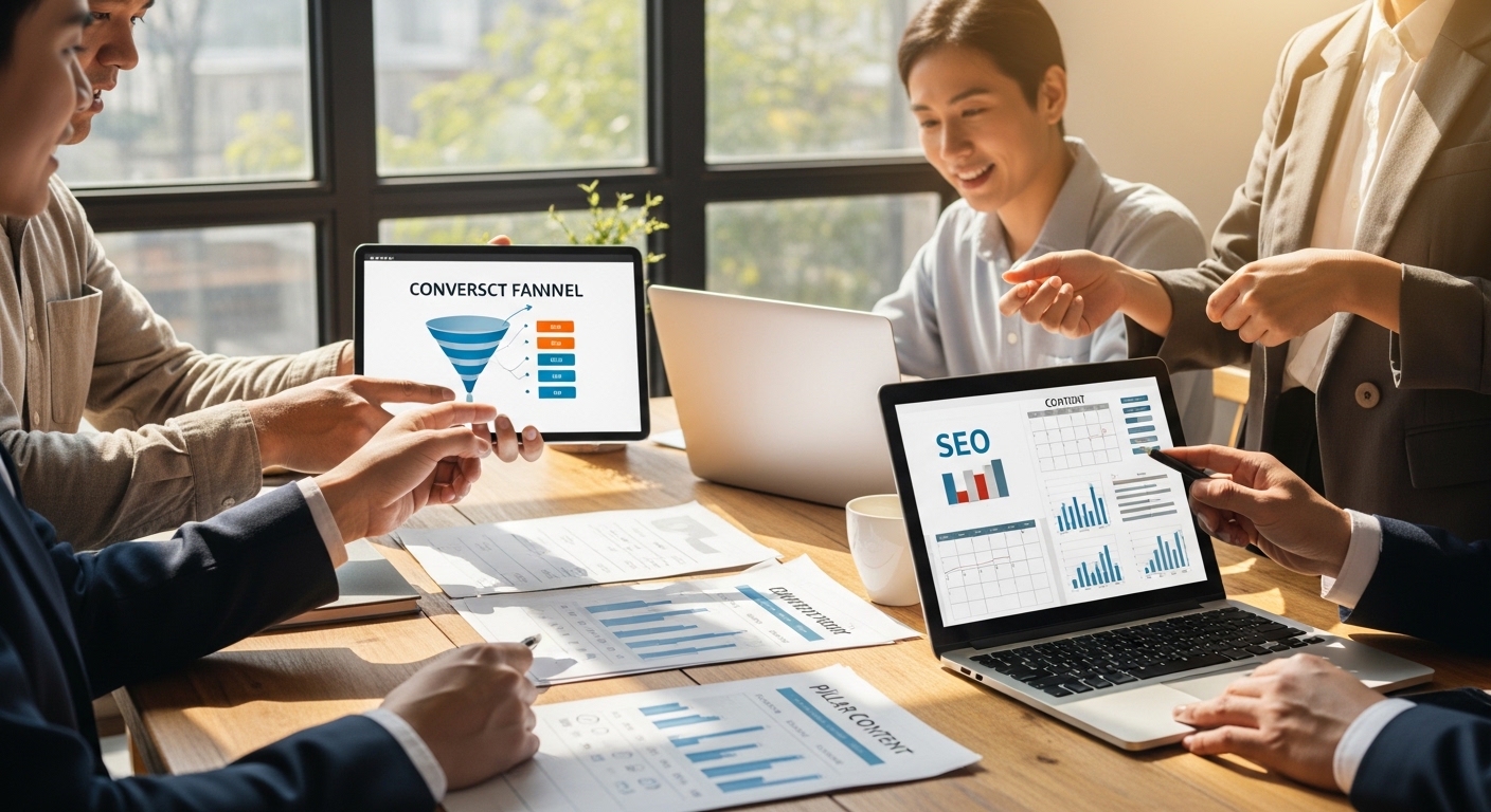 Equipe de marketing colaborando com laptops e checklists em escritório moderno