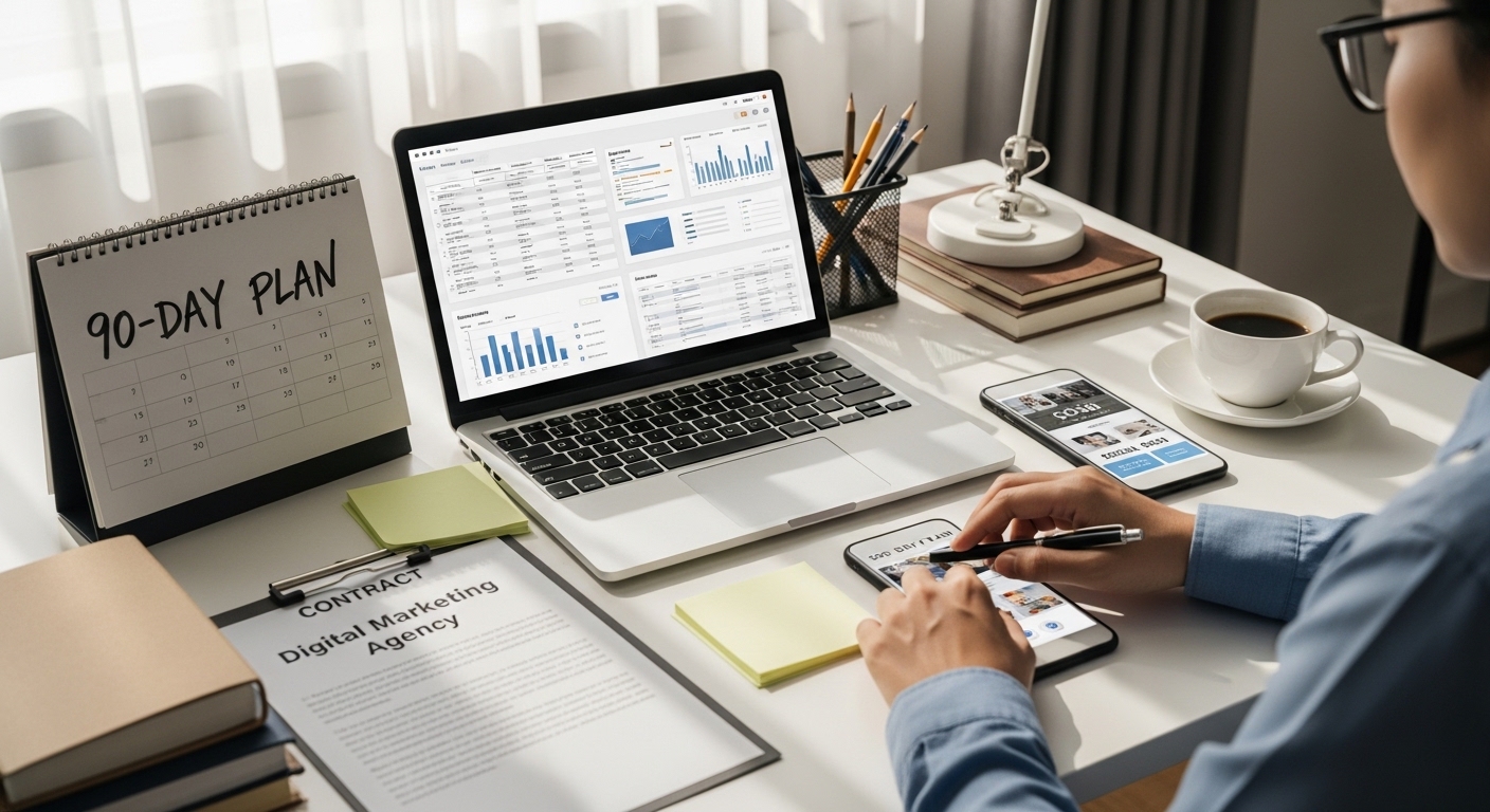 Empresário analisando estratégia de marketing digital em escritório moderno