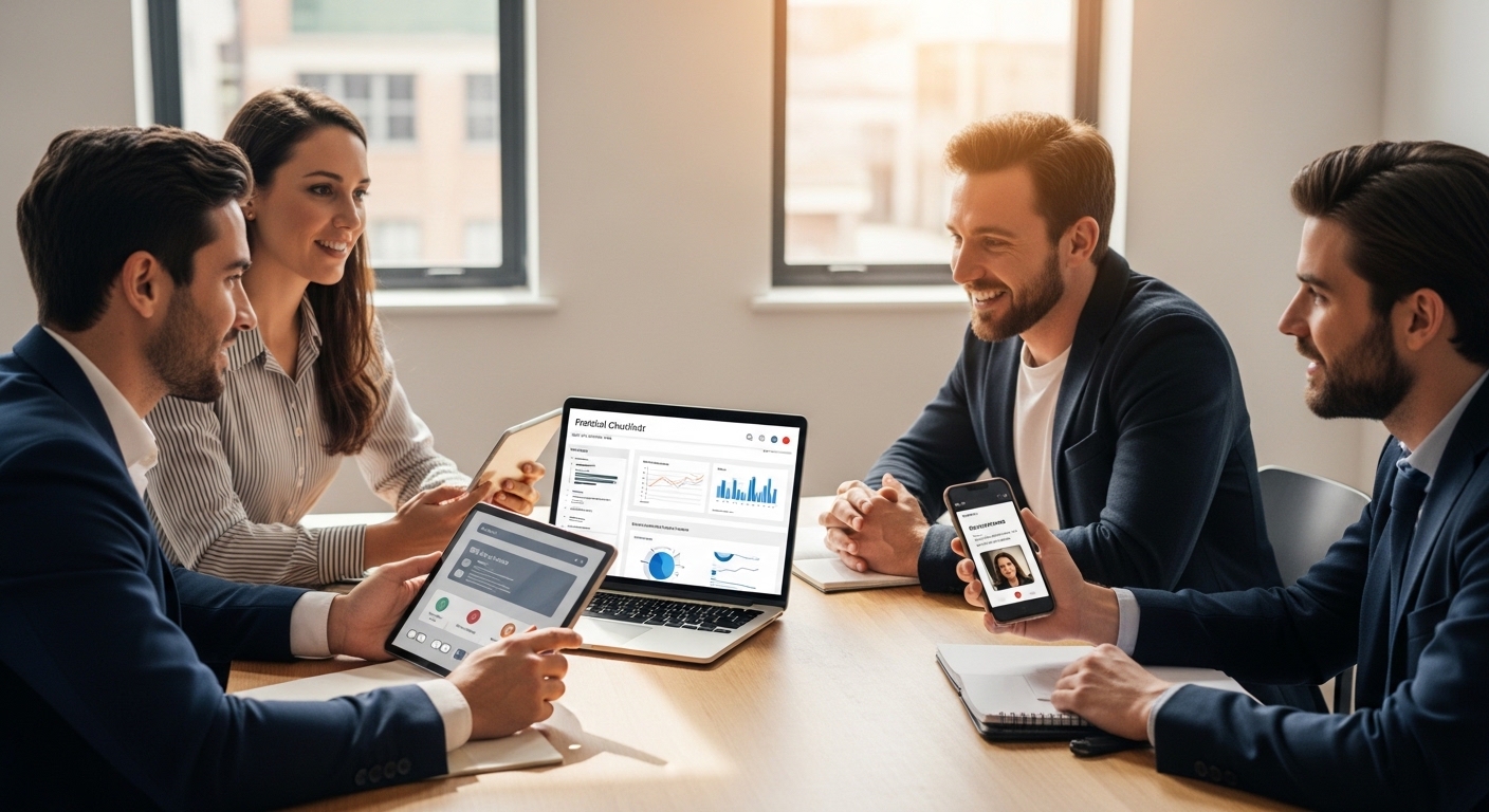 Equipe de marketing híbrido de PME reunida em escritório moderno