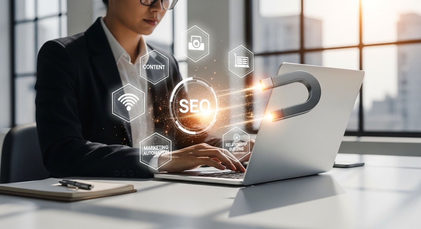 Profissional no escritório atraindo ícones digitais de inbound marketing