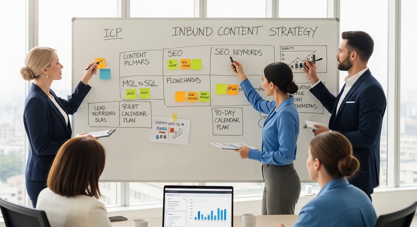 Equipe de marketing B2B planejando estratégia de inbound marketing em escritório moderno