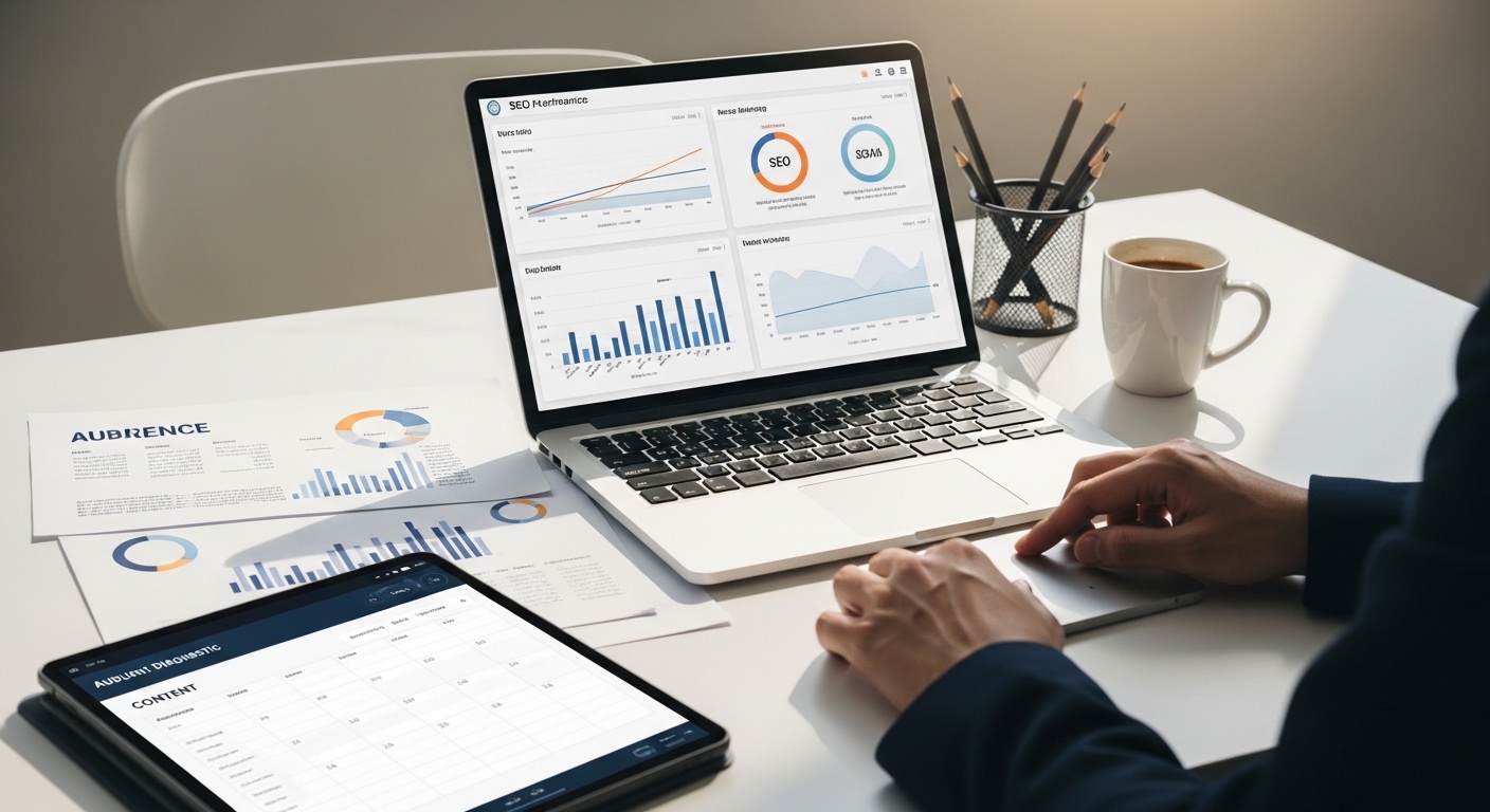 Profissional de marketing digital analisando gráficos de SEO e inbound marketing em um escritório moderno