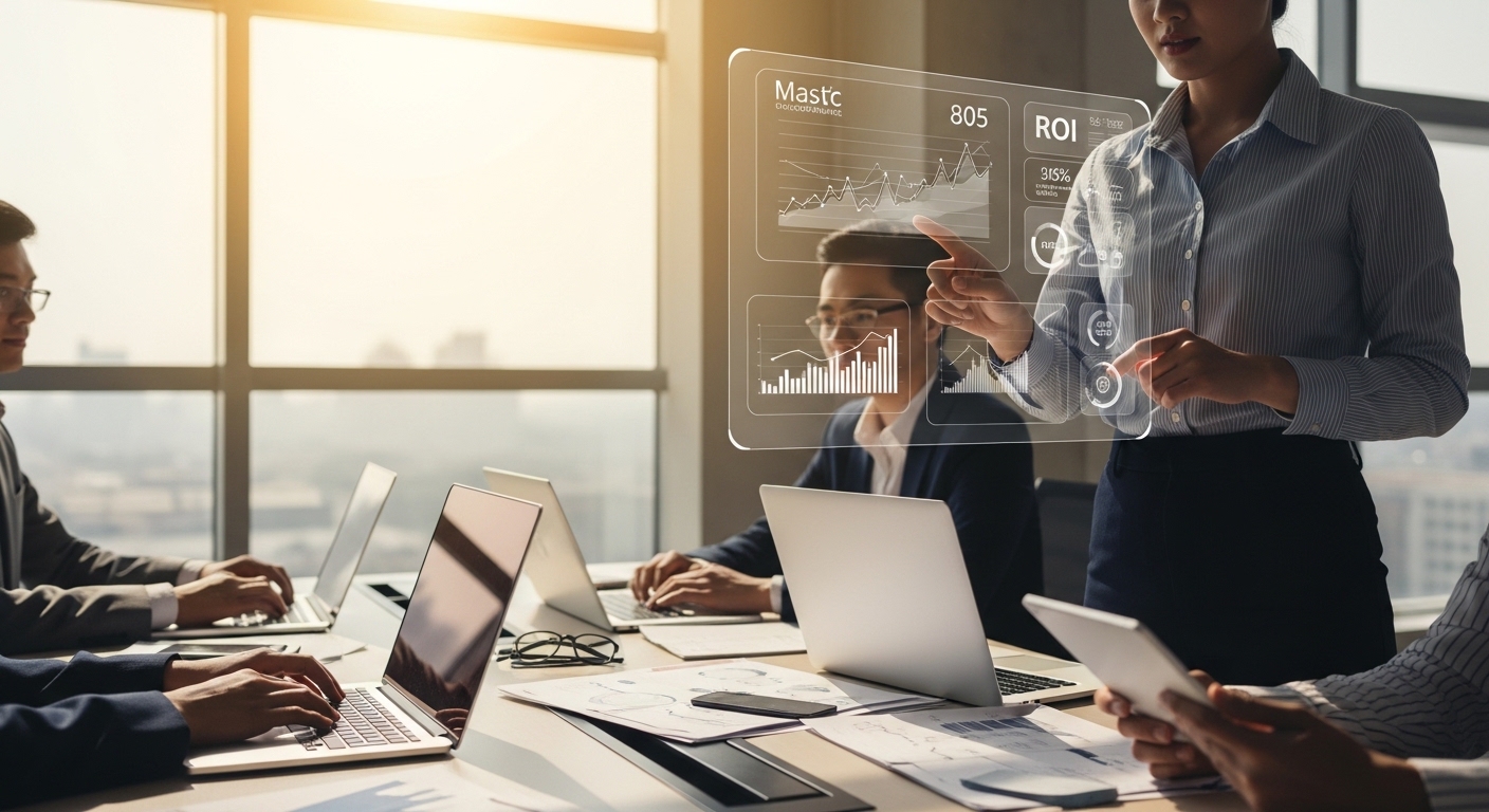 Equipe de marketing moderna analisando gráficos digitais em escritório iluminado