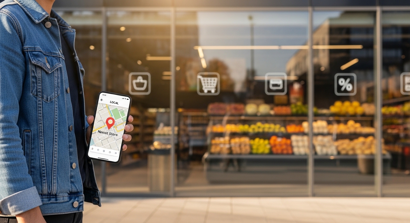 Consumidor consultando smartphone com mapa digital em frente a supermercado moderno