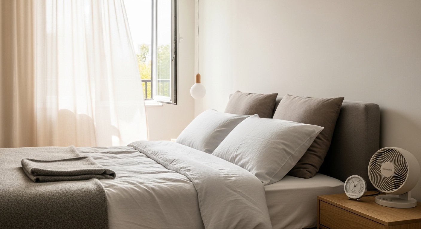 Quarto de casal iluminado por luz natural com cama preparada para diferentes estações