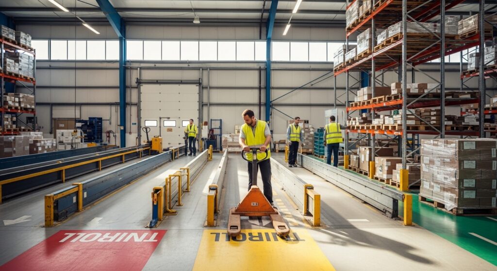 Operador de transpalete em rota padronizada em depósito organizado