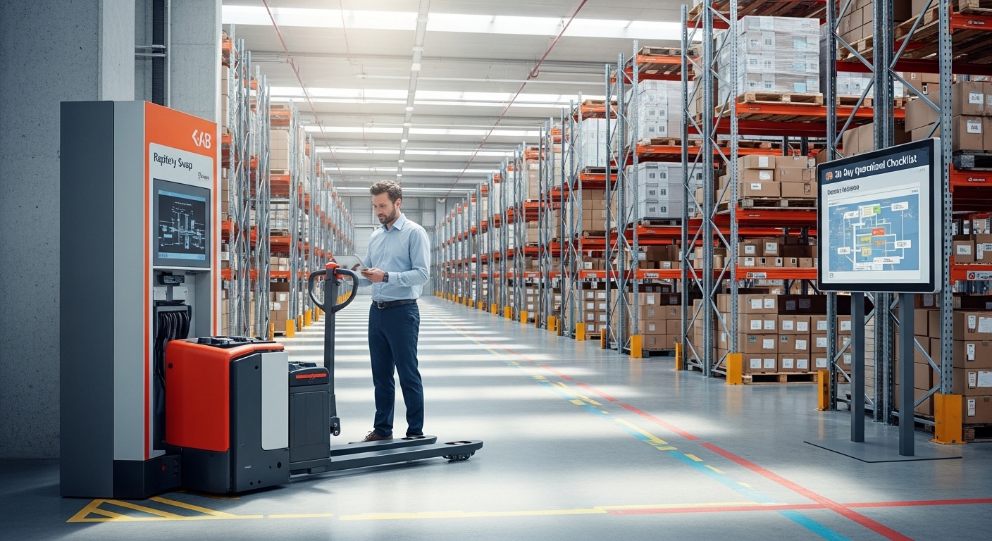 Gerente de logística revisa tablet em armazém com empilhadeira elétrica em estação de recarga de bateria