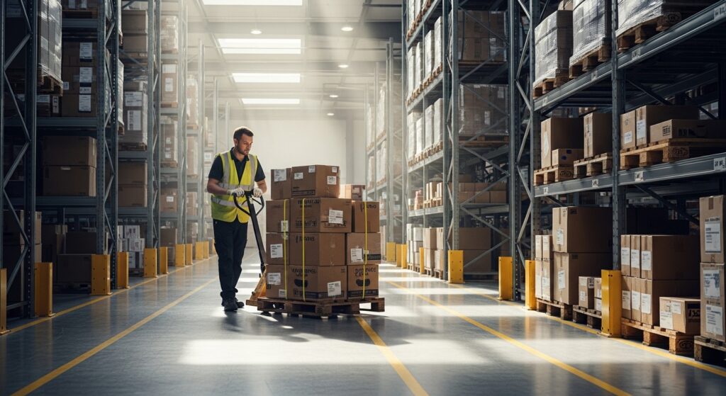 Operário usando transpaleteira manual em um estoque organizado