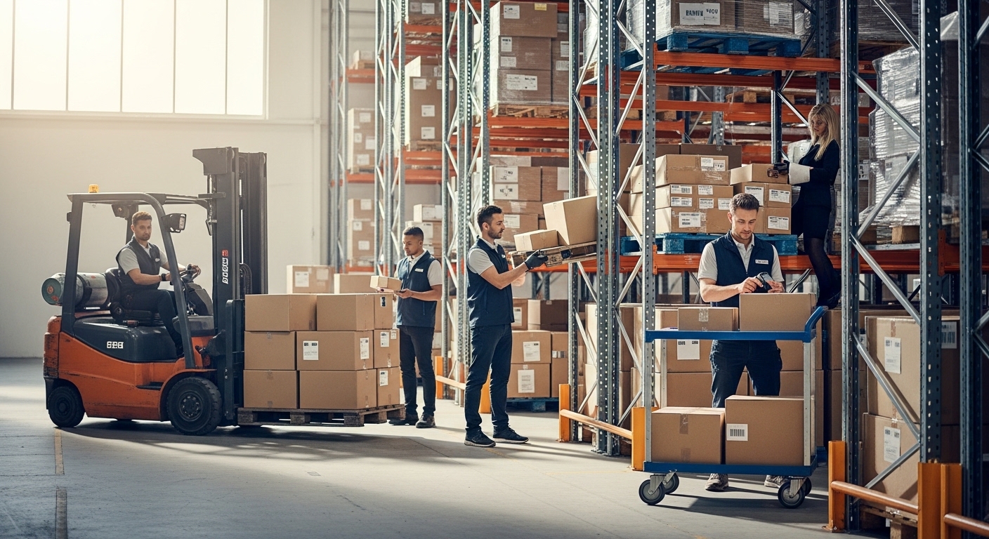 Equipe de profissionais logísticos de e-commerce em ação em um armazém