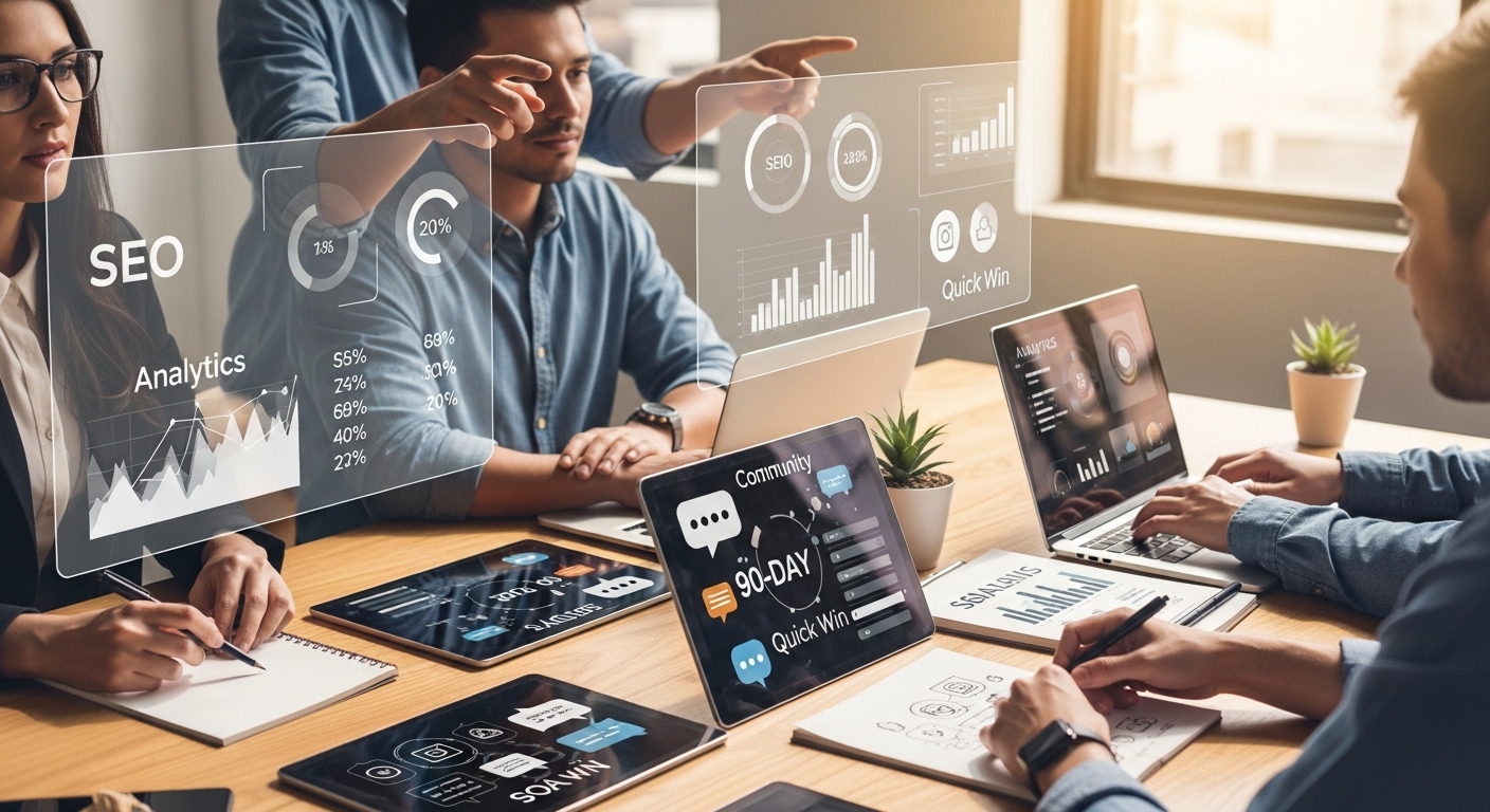 Equipe de marketing reunida analisando gráficos digitais e cronograma de 90 dias