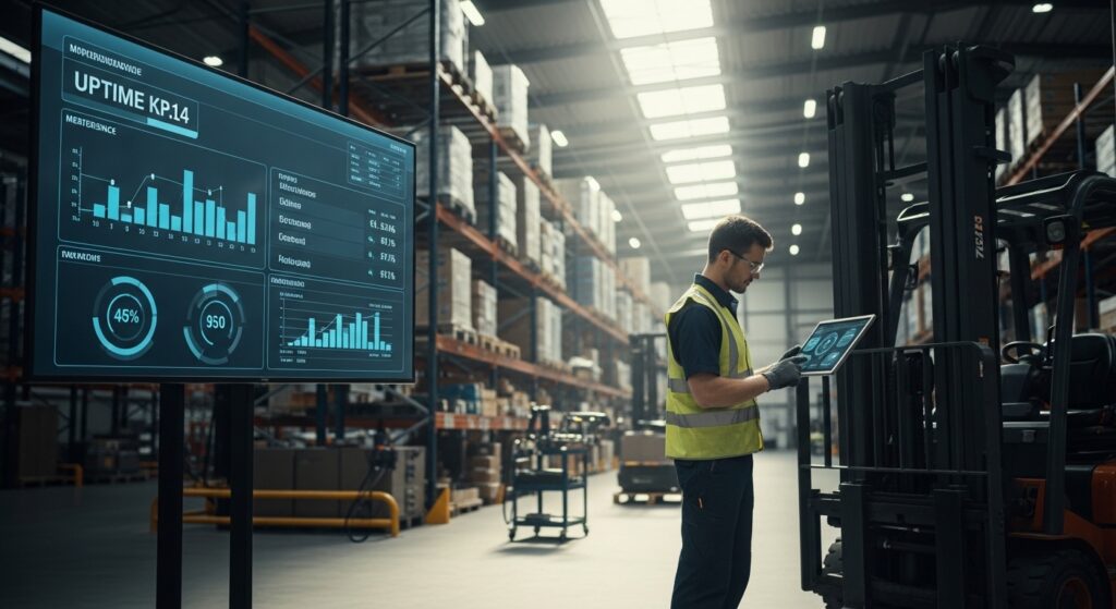 Técnico inspecionando empilhadeira com tablet mostrando dados de manutenção em armazém
