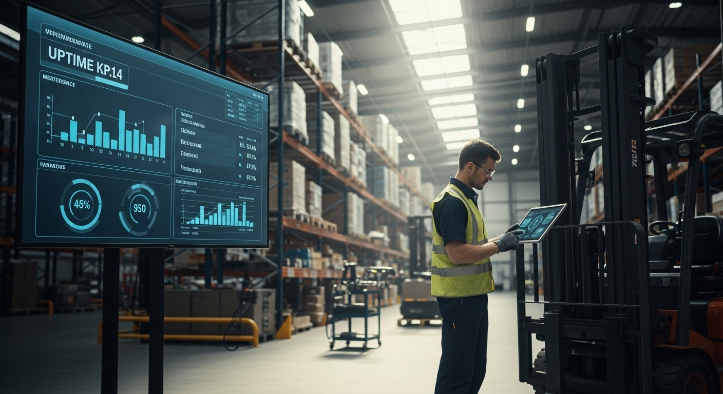 Técnico inspecionando empilhadeira com tablet mostrando dados de manutenção em armazém