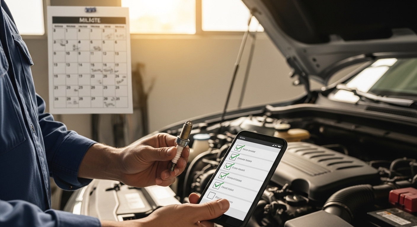 Motorista conferindo vela de ignição com smartphone e checklist em garagem iluminada