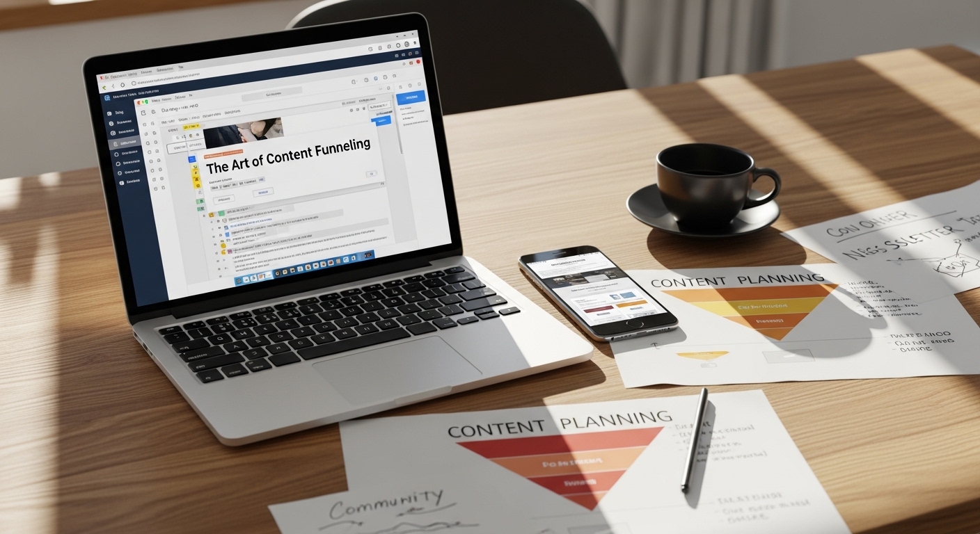 Mesa com laptop, smartphone e diagramas de marketing digital