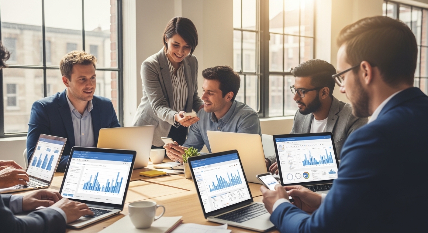 Grupo de empreendedores de ecommerce analisando métricas de marketing digital em um ambiente moderno