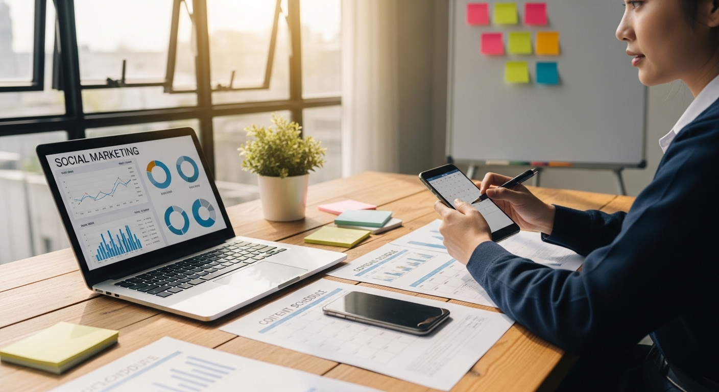 Pequeno empresário planejando marketing digital com laptop e smartphone em escritório iluminado