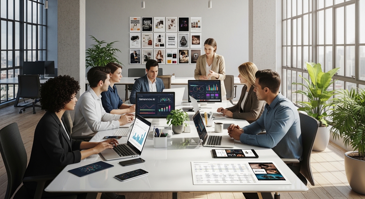 Equipe de marketing em escritório em São Paulo unindo dados e conteúdo