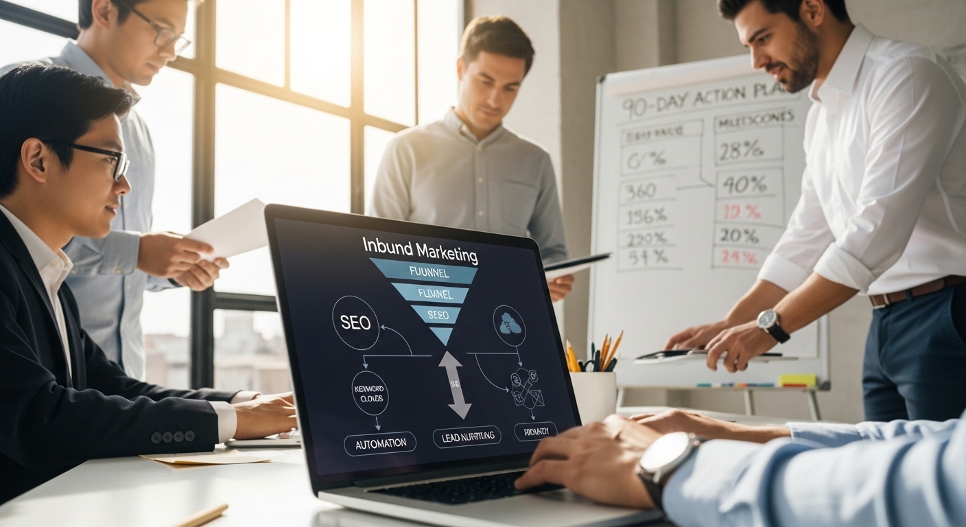 Equipe de marketing digital analisando funil de inbound e métricas