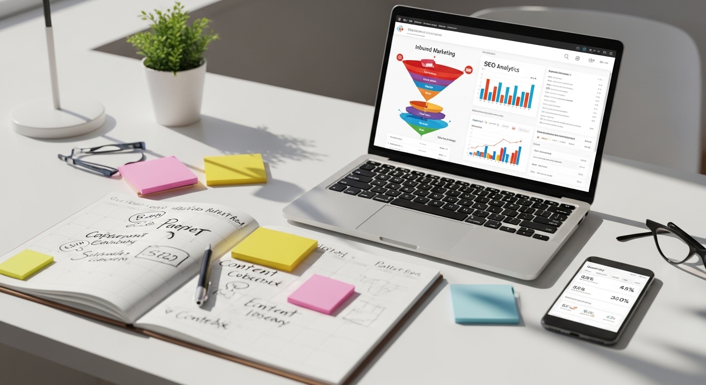 Espaço de trabalho com laptop e calendário editorial para inbound marketing