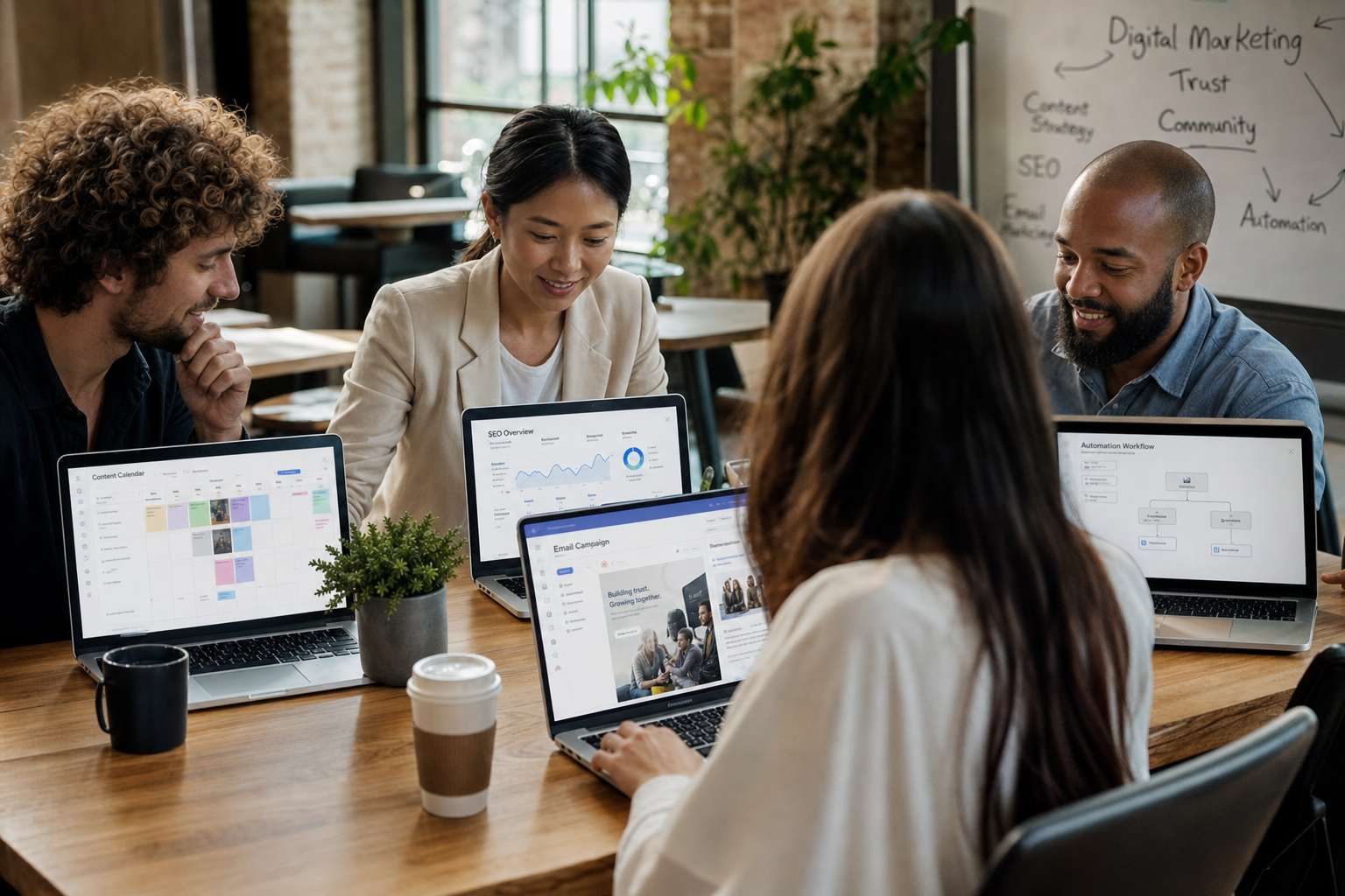 Equipe de marketing colaborando em espaço coworking com laptops exibindo gráficos e calendários editoriais