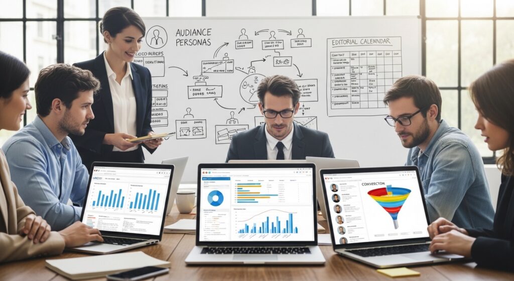 Equipe de marketing trabalhando em estratégias de funil e conteúdo