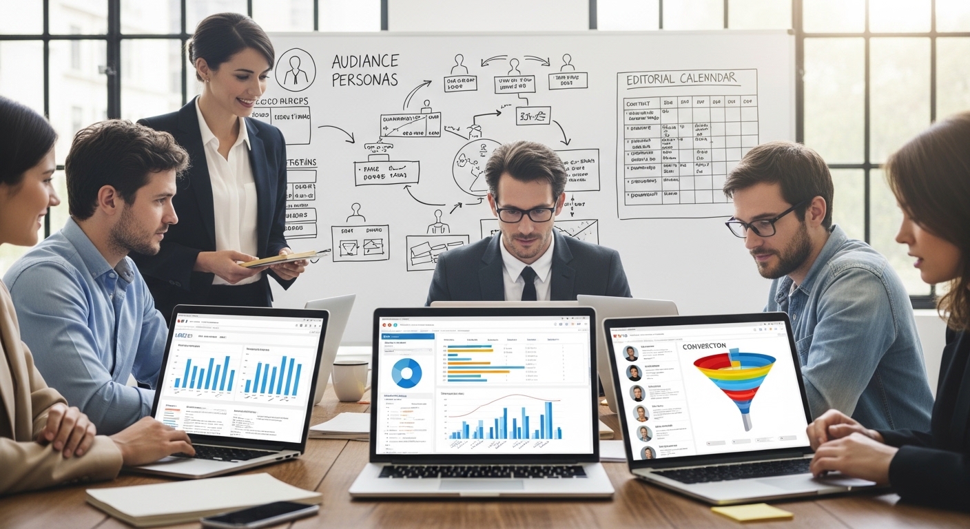 Equipe de marketing trabalhando em estratégias de funil e conteúdo