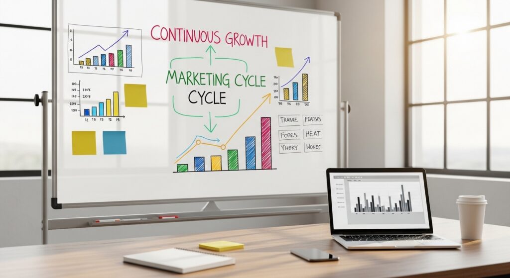 Profissionais desenhando ciclo de growth marketing em quadro de vidro