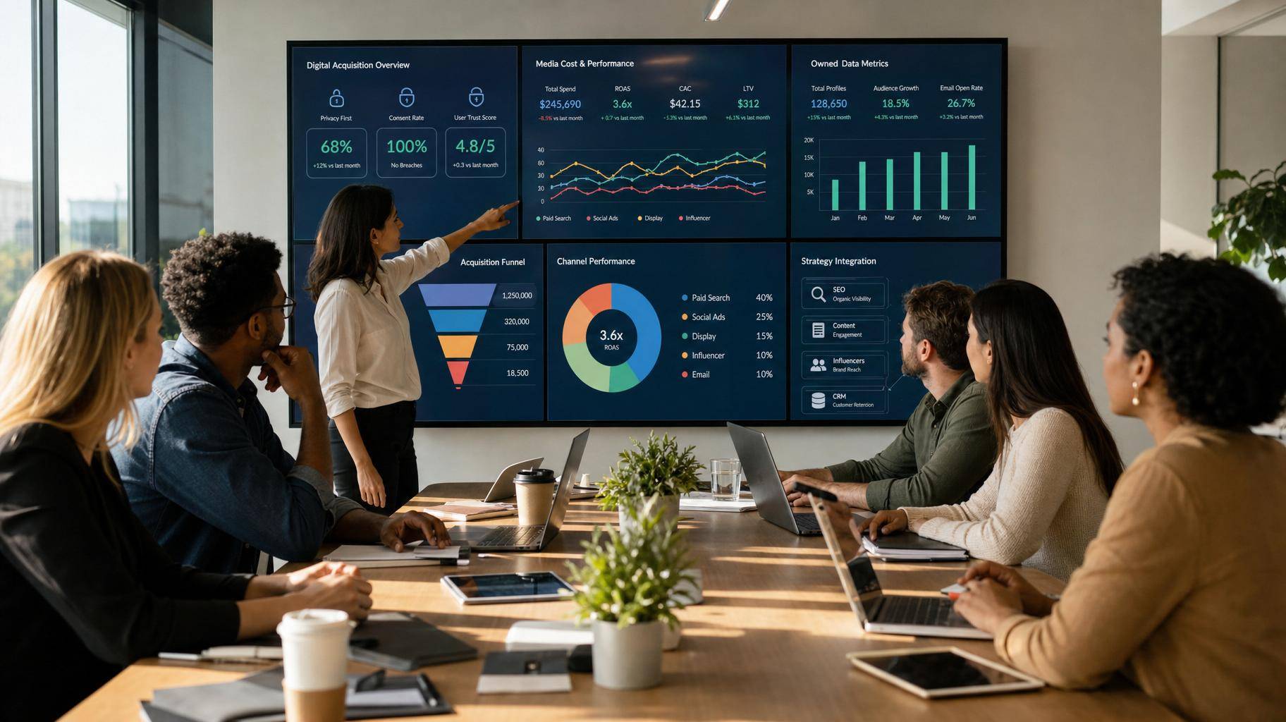 Equipe de marketing digital analisando dashboards de aquisição e métricas