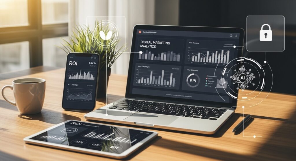 Mesa moderna com notebook exibindo gráficos de marketing digital