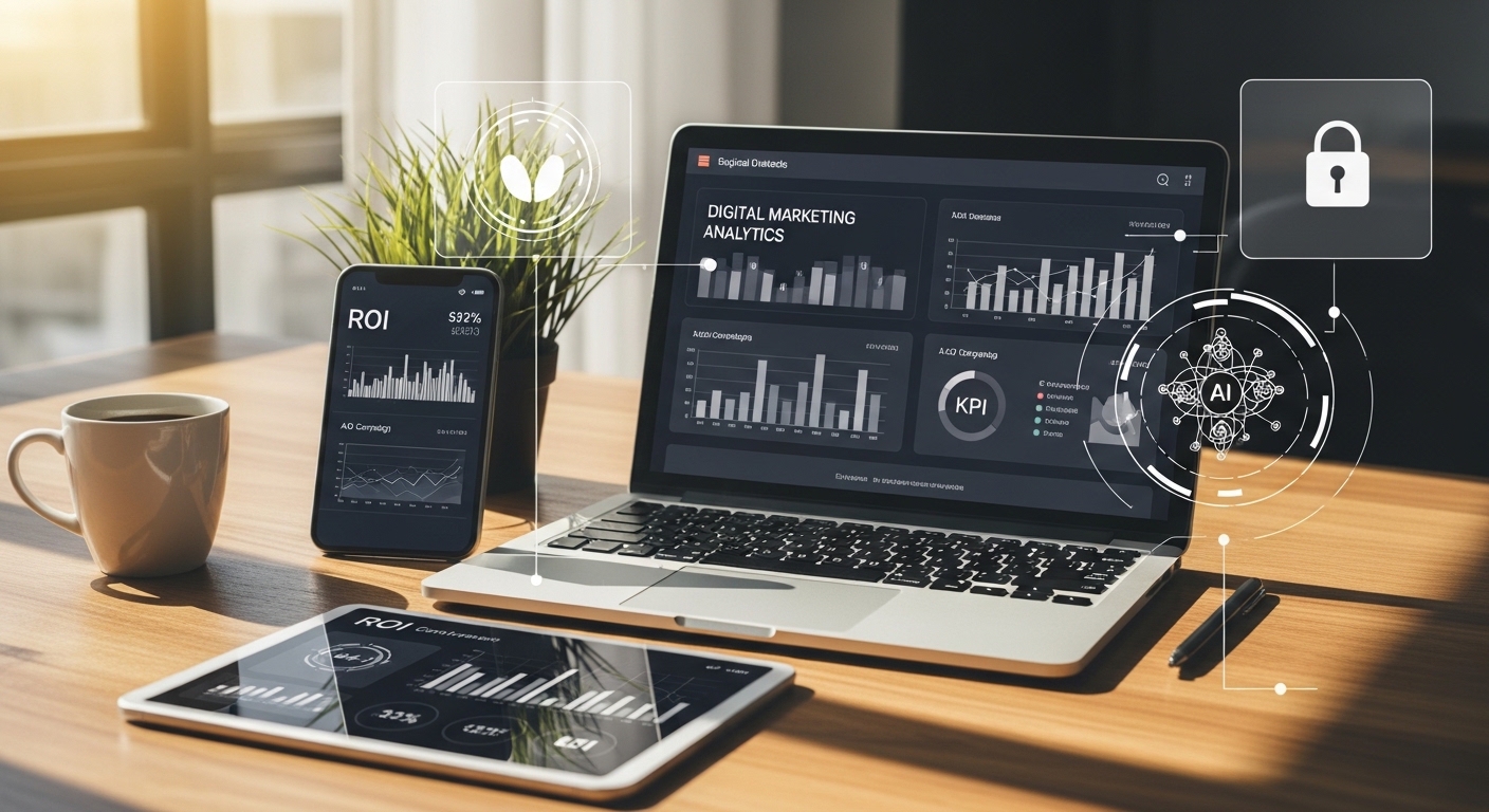 Mesa moderna com notebook exibindo gráficos de marketing digital