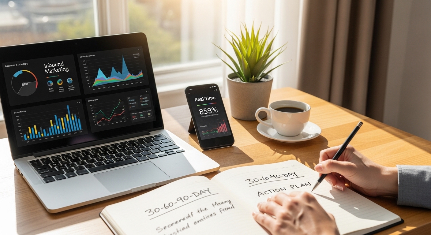 Profissional de marketing analisando métricas de inbound marketing no notebook