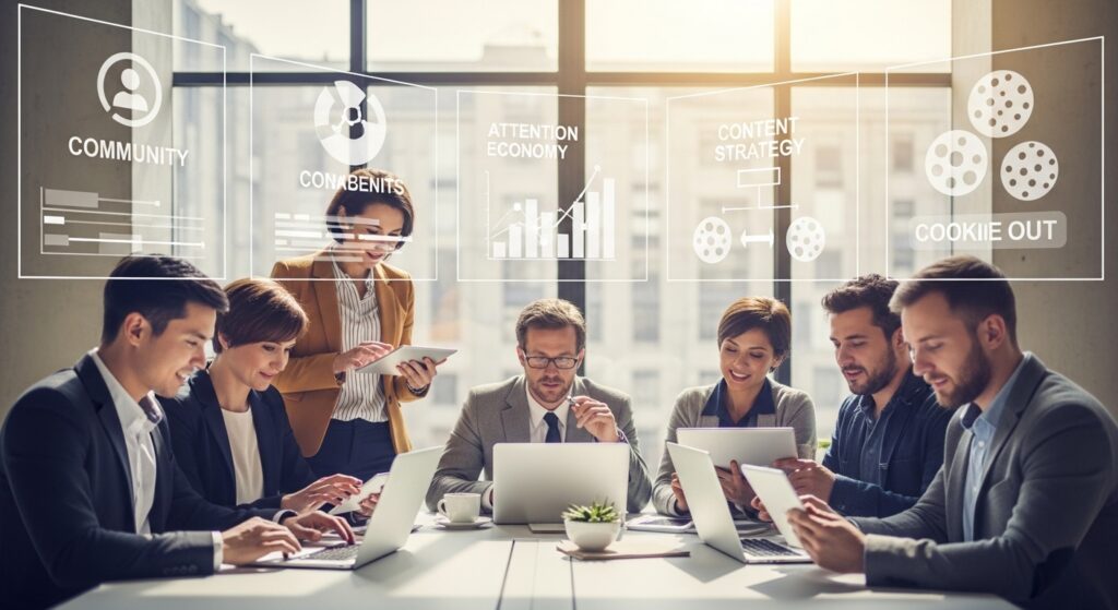 Equipe de marketing em escritório moderno analisando telas digitais com gráficos