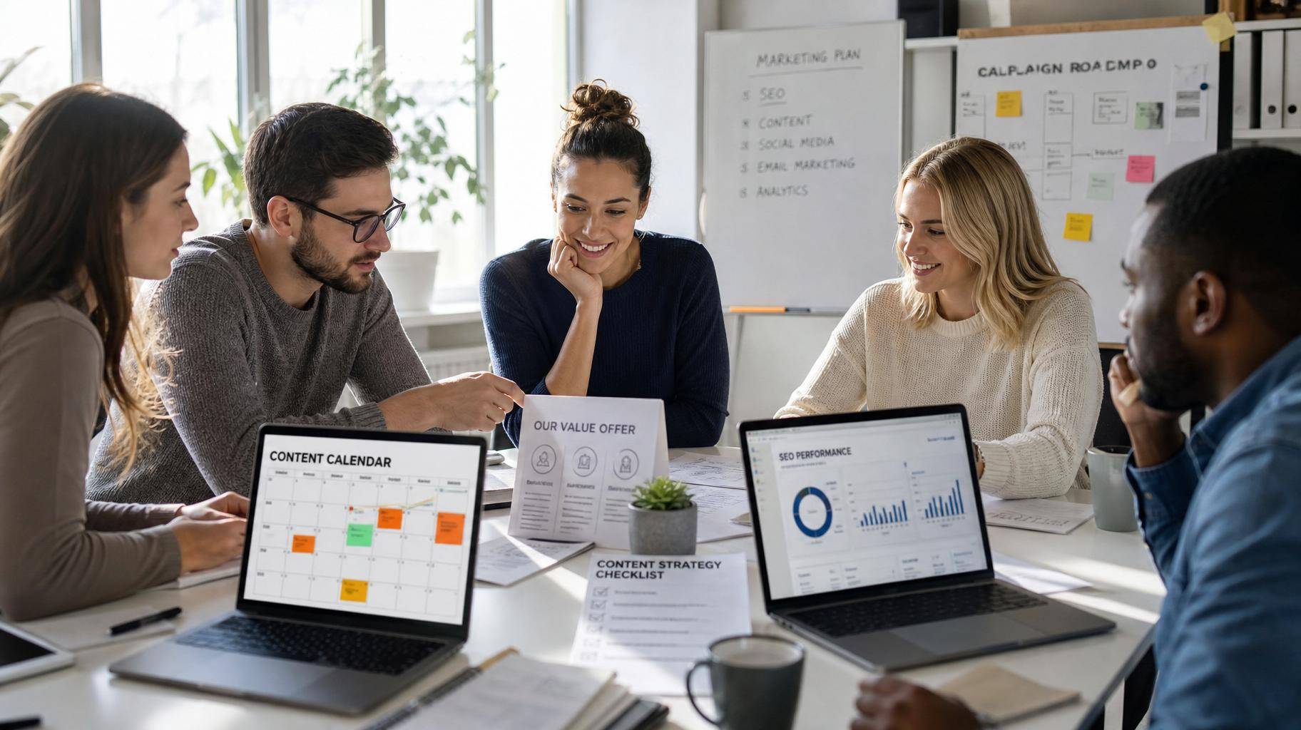 Equipe de marketing reunida planejando conteúdo em escritório iluminado