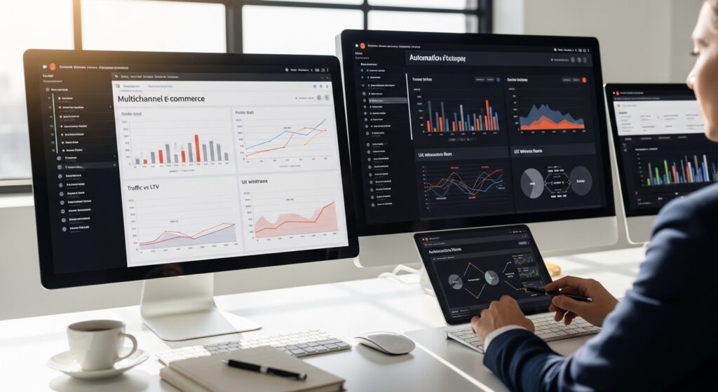 Profissional analisando dashboards de tráfego e LTV em ambiente de trabalho moderno