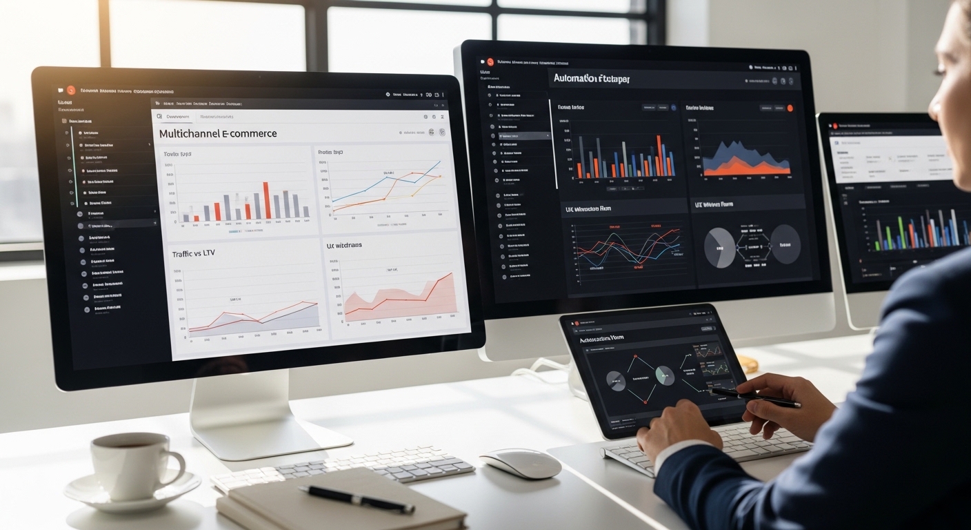 Profissional analisando dashboards de tráfego e LTV em ambiente de trabalho moderno