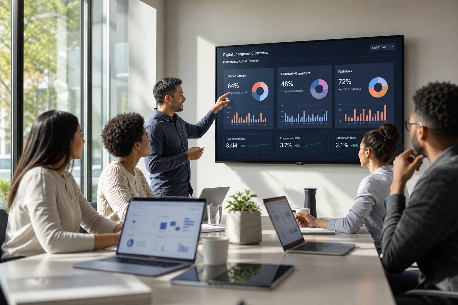 Equipe de marketing analisa dashboards digitais em escritório moderno para planejar presença digital estável.