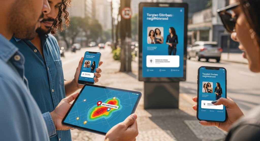 Profissional de marketing e criador local analisando mapas de dados em rua de São Paulo