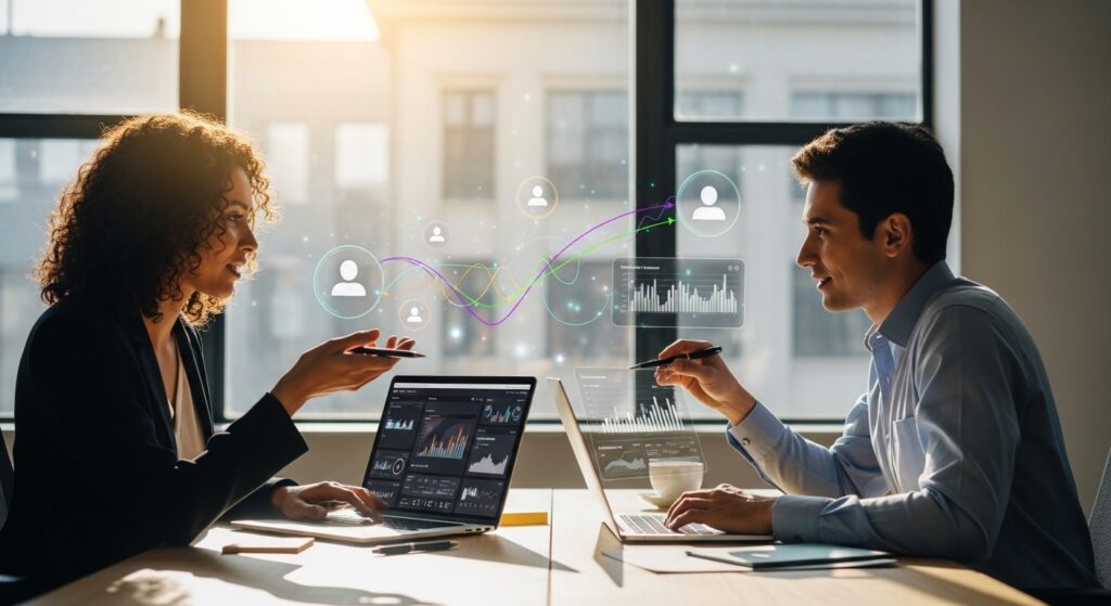 Profissionais de marketing analisando métricas digitais em escritório moderno
