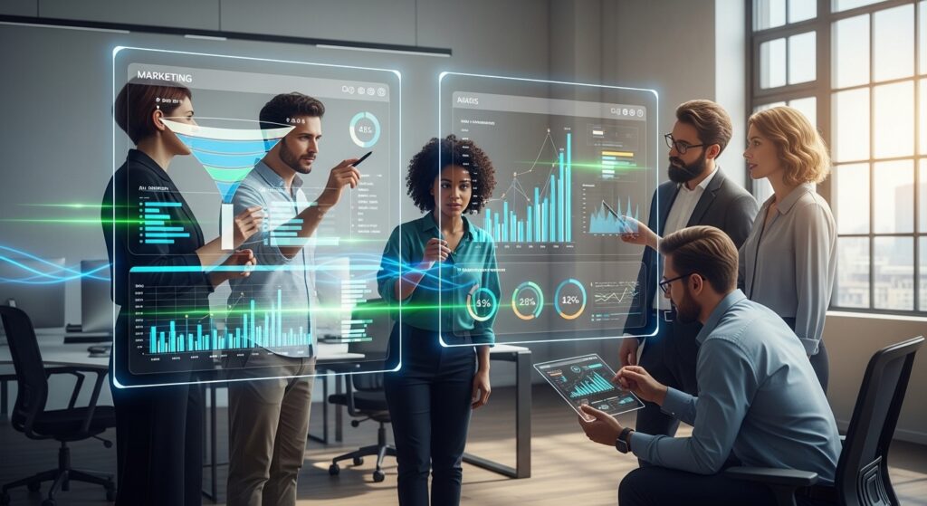 Profissionais de marketing analisando painéis digitais em um escritório moderno
